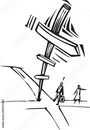 Woodcut style  image of  business people looking at crossroads sign