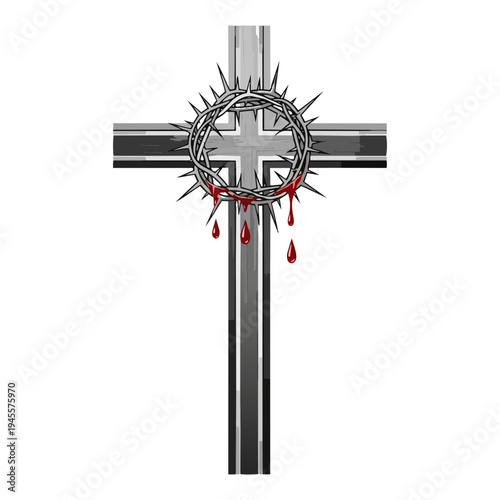 Christian Cross with Crown of Thorns and Blood