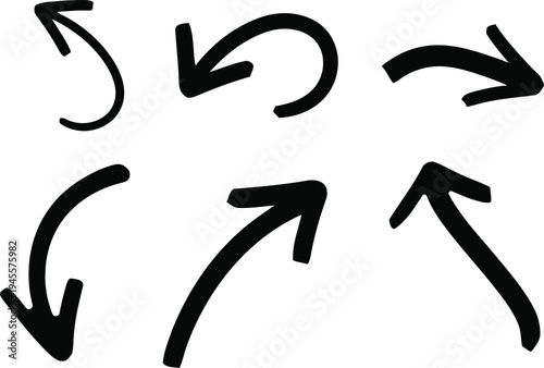A collection of six hand drawn black arrows on a white background pointing in different directions