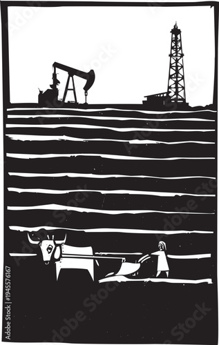 Woodcut style image of a man plowing a field with an ox while signs of industry are in the background