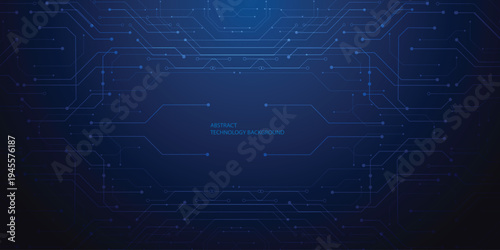 Abstract tech background featuring circuit patterns and blue chip design. Digital board texture with electronic lines for futuristic data concepts. Digital technology