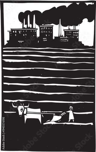 Woodcut style image of a man plowing a field with an ox while signs of industry are in the background