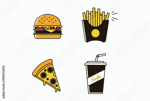 Fast Food Vector Icon Set with Burger Fries Pizza and Soda