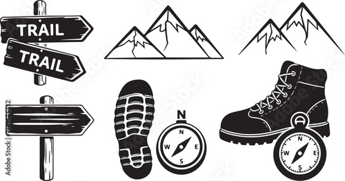 Hiking Trail Navigation Icons and Adventure Symbols Illustration Set