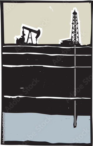 Woodcut style image of a well drilling for water