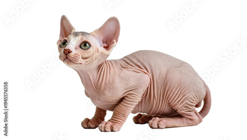 Εκτύπωση καμβά Isolated Sphynx cat kitten sitting, looking curious, with wrinkled pink skin and