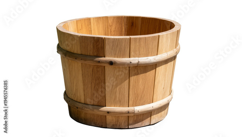 Foto Isolated large round wooden tub planter or barrel, natural wood grain texture, r