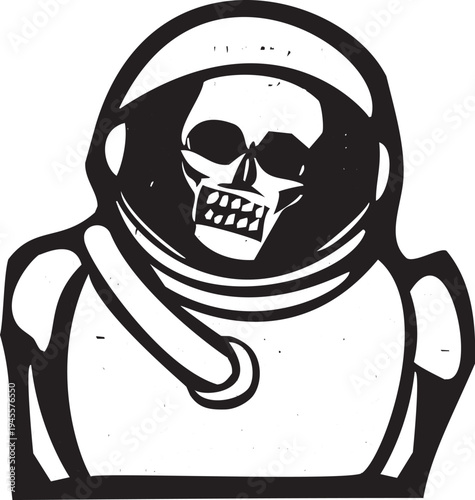 Woodcut style image of a skeleton inside of a space suit