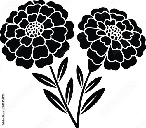 High Quality Detailed Black Floral Silhouette Vector of Two Chrysanthemum Marigold Flowers with Leaves for Tattoos Clipart and Summer Garden Designs isolated on White (25 words)