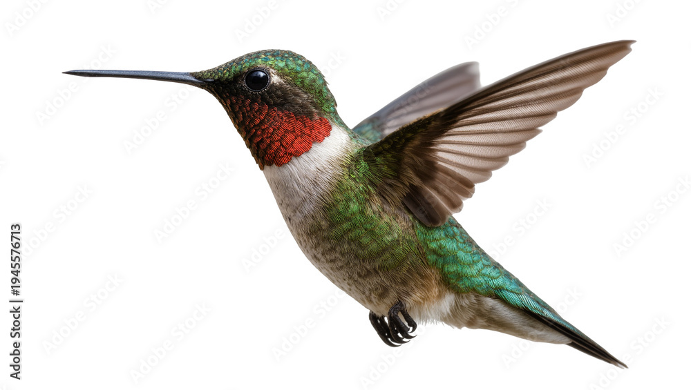 Fototapeta premium Isolated male hummingbird in dynamic flight, showcasing iridescent green and brilliant ruby red plumage