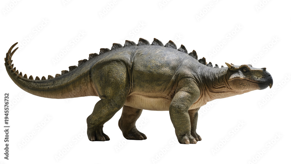 Fototapeta premium Isolated large prehistoric armored herbivorous dinosaur walking ancient creature model in profile view