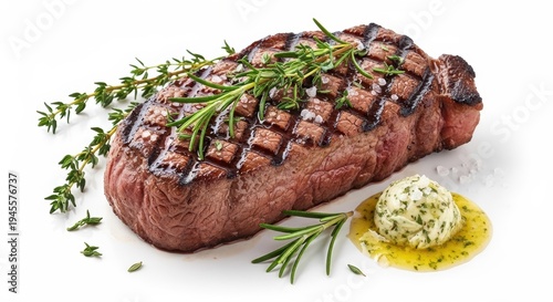 Wallpaper Mural Grilled ribeye steak with herb butter garnish and fresh rosemary on white background Torontodigital.ca