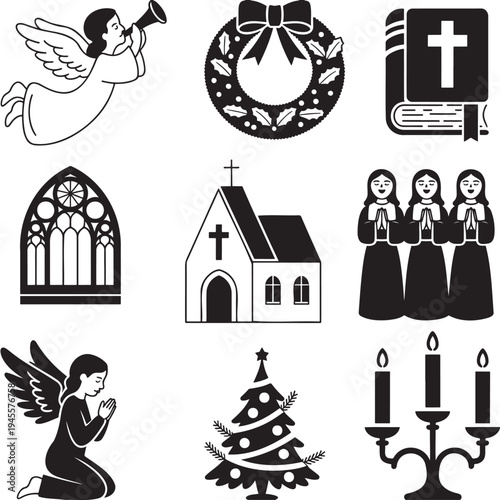 A comprehensive collection of black silhouette icons depicting Christmas and Christian religious symbols