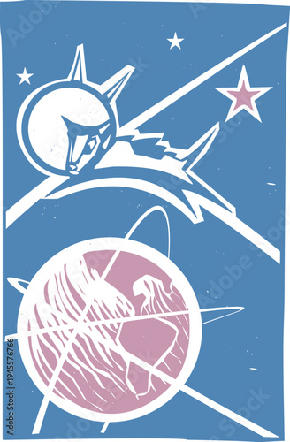 Woodcut style image of teh soviet cosmonaut dog Laika orbiting over Earth