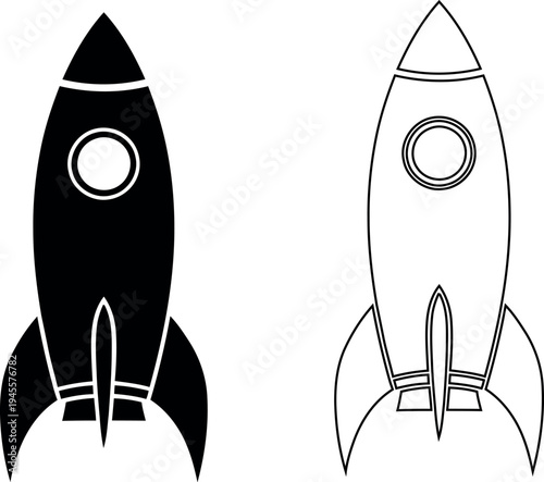 Set of two rocket icons, solid black silhouette and outline style, space travel and launch symbols