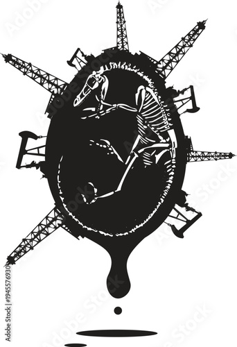 Woodcut dinosaur fossil being mined for oil 