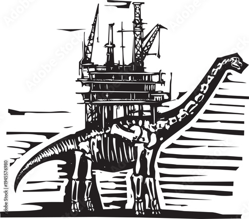 Woodcut style brontosaurus skeleton with a an oil rig on its back 