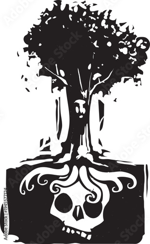Woodcut fantasy image of a tree with a face sinking its roots in to a the skull of a dead man