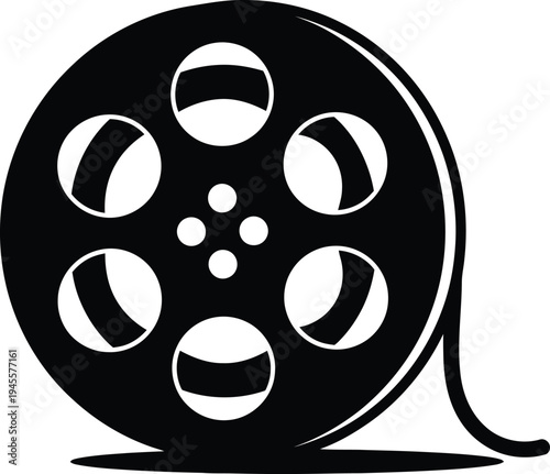 A black and white illustration of a film reel with a long tail