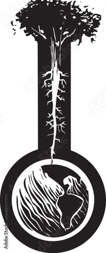 Woodcut style image of a tree with its roots sinking down in to the earth