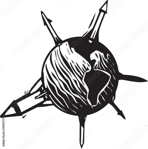 Woodcut style image of missiles surrounding the surface of the globe of earth
