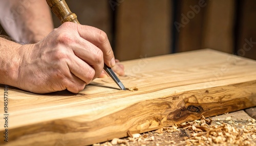 Carpenter's skilled hands carefully guiding a sharp chisel into a piece of natural oak wood, expertly preparing to shape a bespoke creation in a rustic workshop setting.