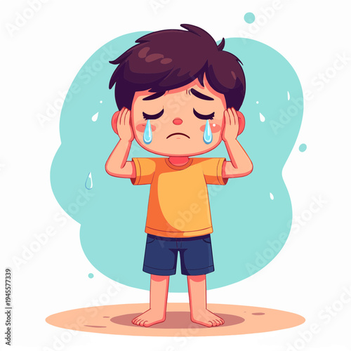 Sad Boy Crying with Tears and Emotional Distress