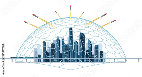 Flat 2D illustration of a cityscape under a protective dome with missile defense systems, conveying a concept of safety and security.