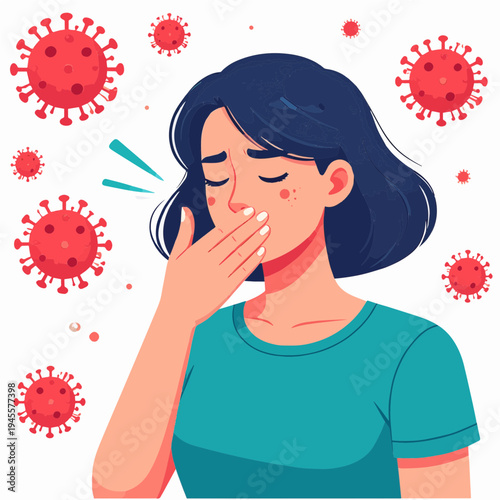 Ill woman coughing with virus particles, representing health concerns and infection