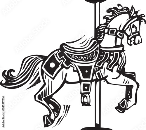 Woodcut style  image of a  Wooden Carousel Horse