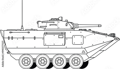 Military armored personnel carrier with turret and cannon