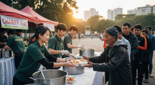 charity food drive, people serving meals to poor