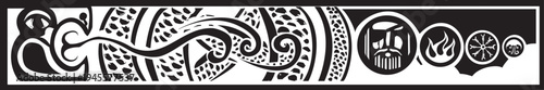 Woodcut style banner type image showing the main elements of Norse Folklore