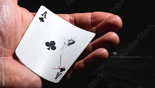 Close up of a hand holding a single bent Ace of Spades playing card with intricate detail