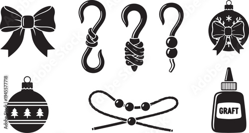 Black and white Christmas ornaments and ribbons icons set