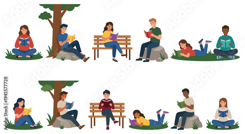Individuals reading books outdoors, finding peaceful spots to enjoy literature