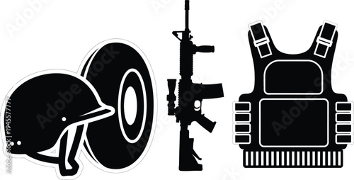 Military equipment and gear icons including helmet shield rifle and bulletproof vest