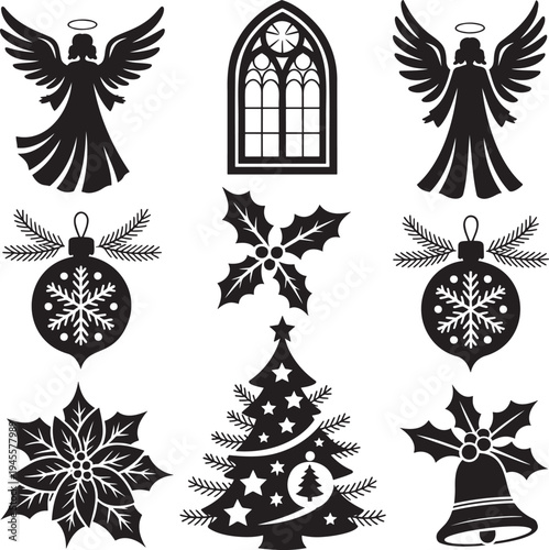 A lovely collection of black silhouette Christmas celebration icons featuring elegant angels and festive holiday decorations