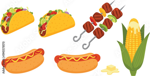Delicious BBQ Foods Including Tacos, Hot Dogs, Grilled Kebabs, and Corn on the Cob for Summer Picnics and Parties.