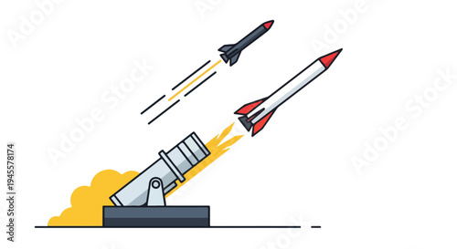 Flat 2D illustration of a missile defense concept with a rocket launching from a defense system against a clean white background.