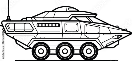 Futuristic armored vehicle with advanced wheels and dome roof