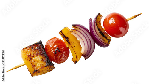 Картината върху платно Isolated delicious freshly grilled vegetable skewer with char-marked tomatoes, pepper, and onion