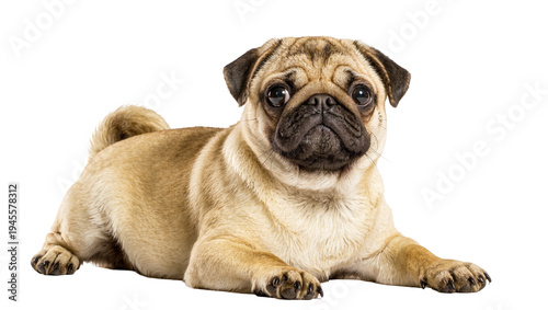 Photos Isolated adorable fawn pug dog with a curious expression lying down and looking