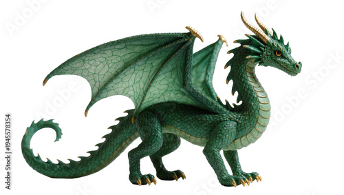Foto Isolated powerful emerald green dragon with large textured wings and golden horn