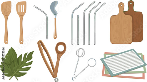 Eco-Friendly Kitchen Tools Collection Including Wooden Spoons, Metal Straws, Cutting Boards, and Kitchen Accessories.