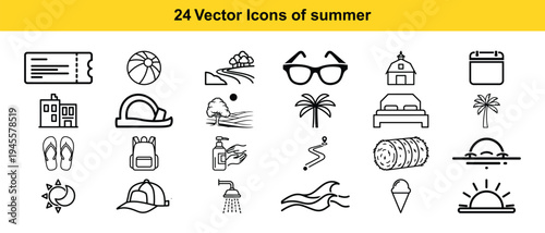 Collection of twenty-four summer-themed vector icons for various activities and items Vector
