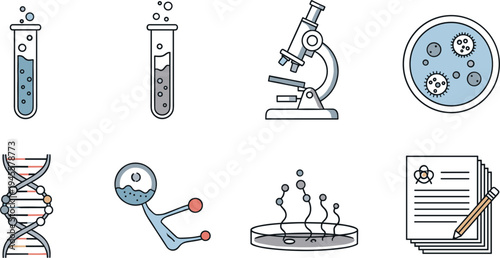 Scientific Research and Laboratory Icons Including Test Tubes, Microscope, DNA, Petri Dish, and Research Papers.