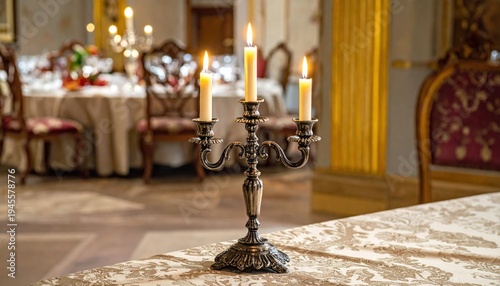 Ornate antique silver candelabra holding three flickering beeswax candles casting warm, dancing light across a decorated table
