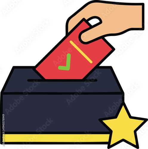 Hand putting a red ballot paper into a black voting box with a yellow star, democratic election or feedback concept, flat vector illustration isolated on white.