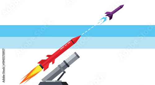 Flat 2D illustration of a red missile launching from a defense system to intercept another missile in a concept design for protection against aerial threats.